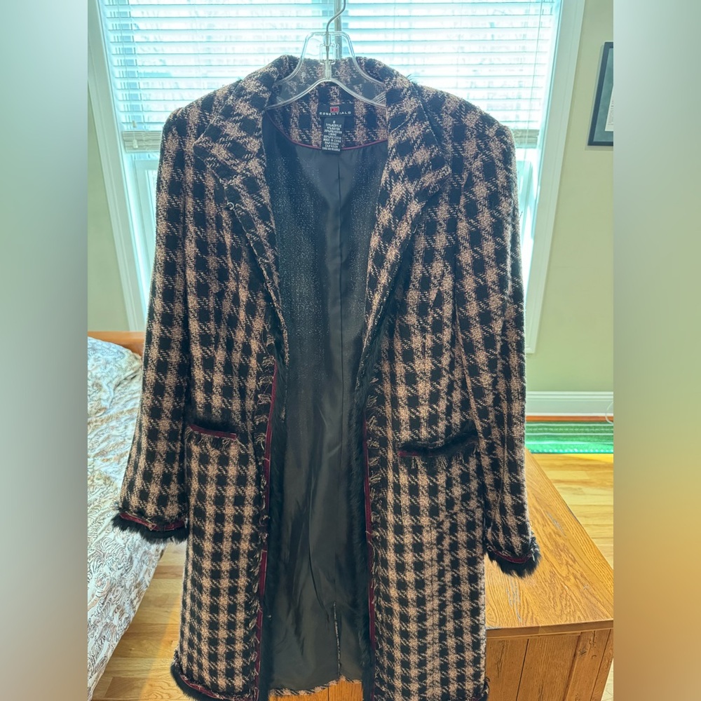 DS Essentials Faux Fur Trim Houndstooth Long Jacket Coat pink black SPRING